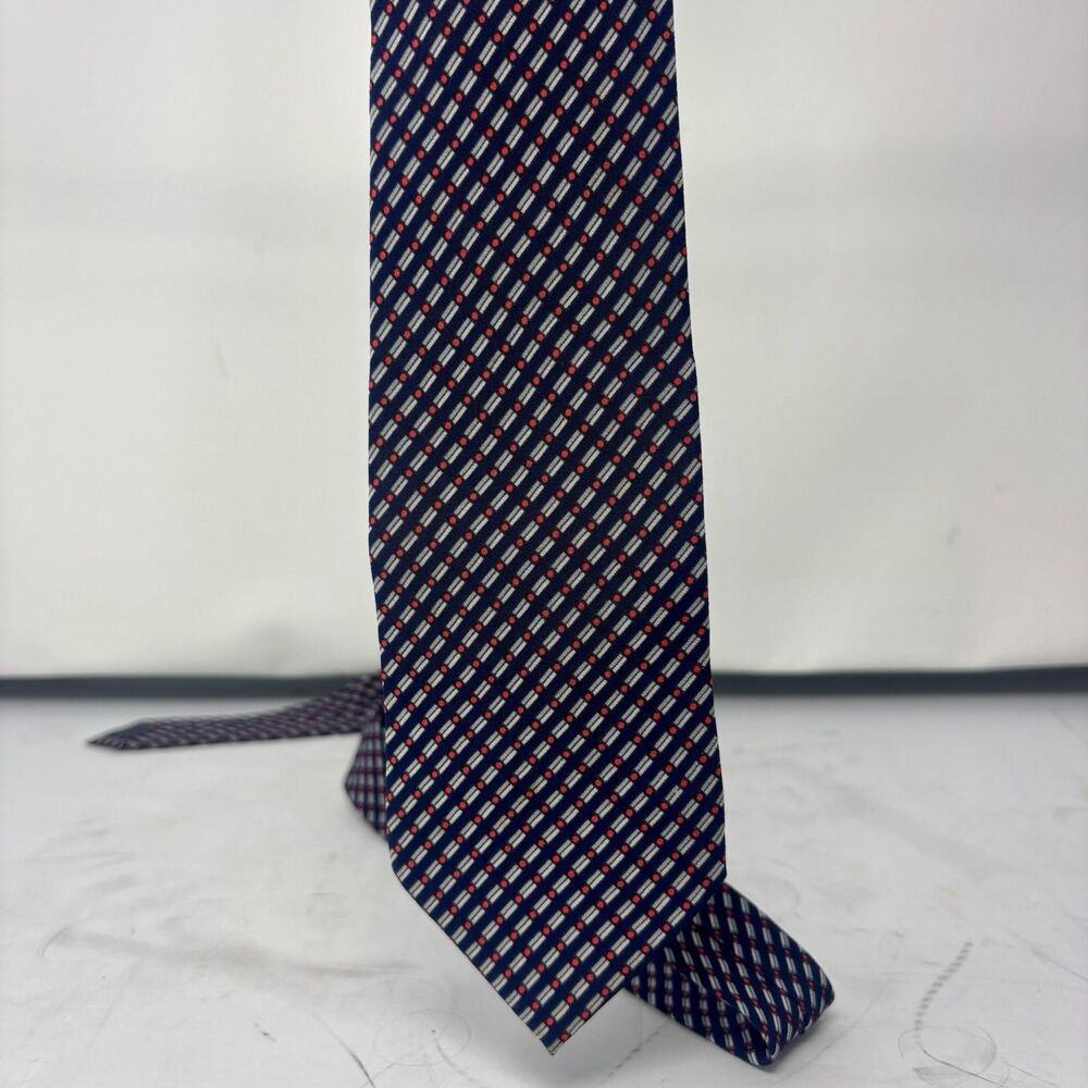 LEEHAUS Mens Navy Blue, Red Geometric Pattern, Dong a Silk Co., Neck Tie 3x54